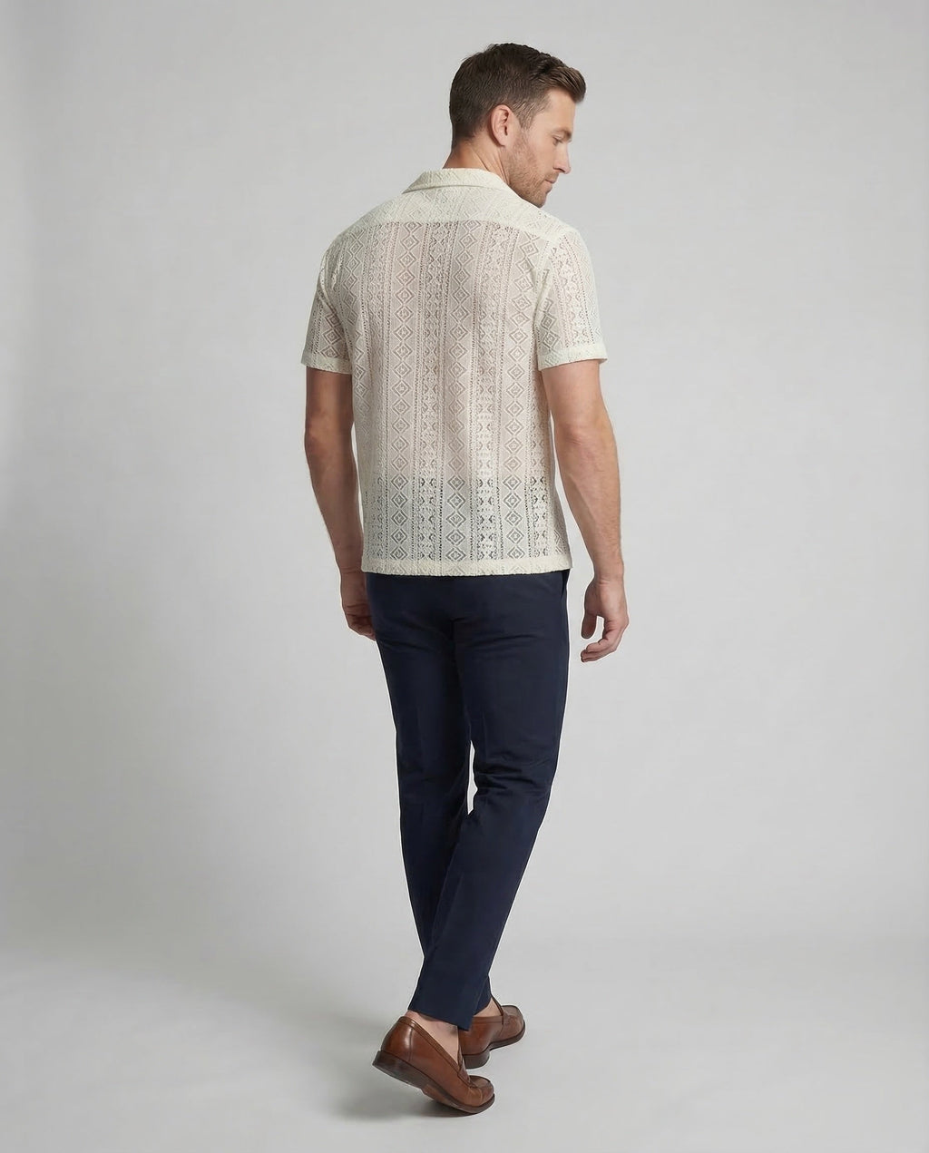 Men's Short-Sleeve Shirt with Camp Collar and Button Closure