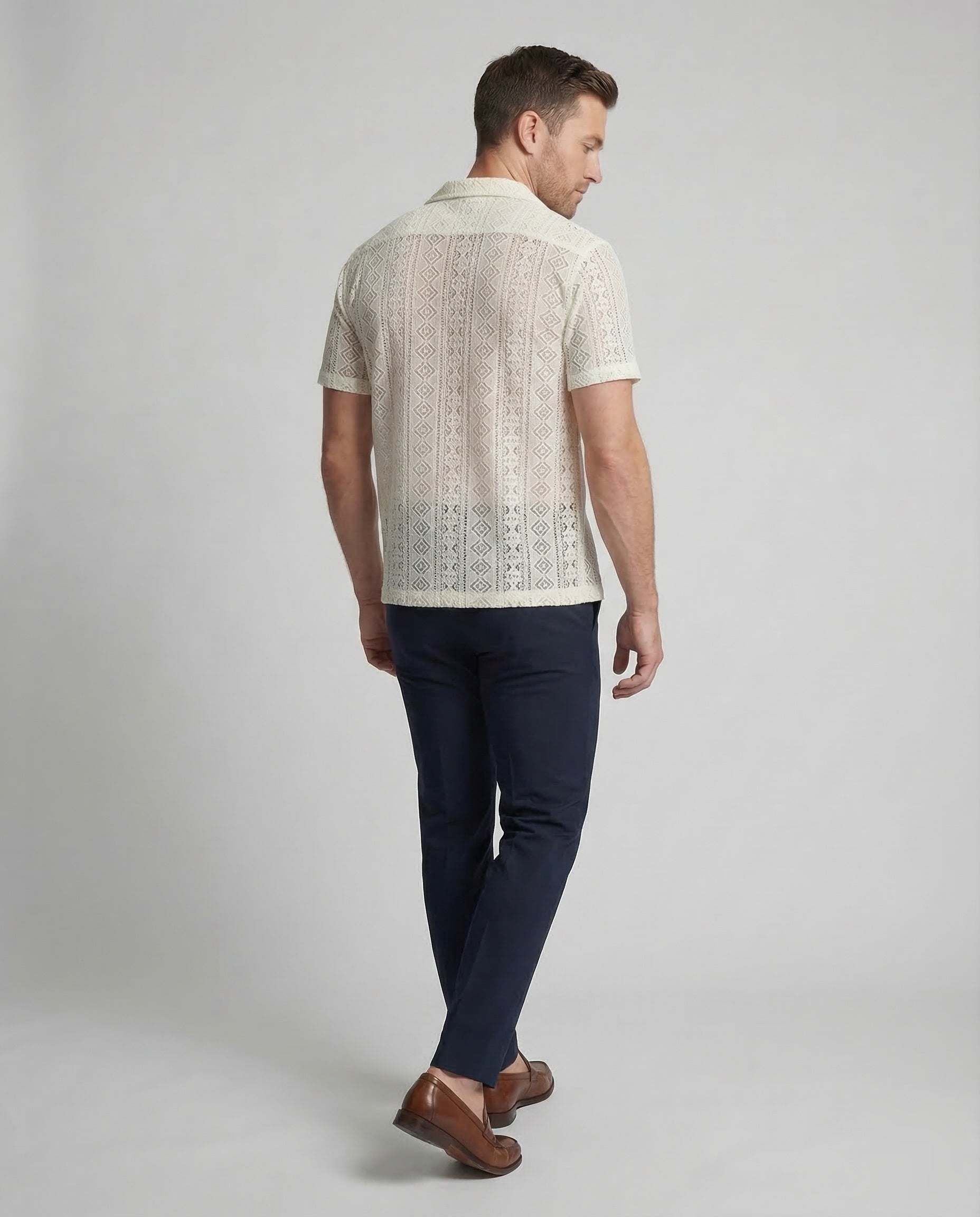 Men's Short-Sleeve Shirt with Camp Collar and Button Closure