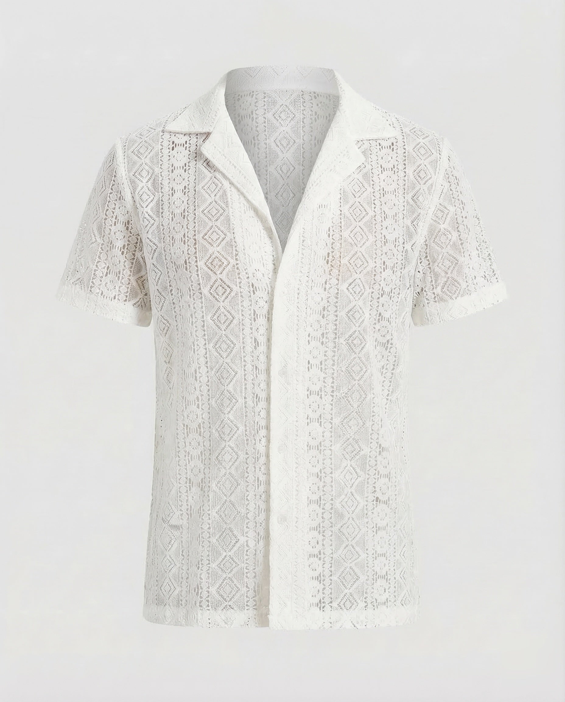 Men's Short-Sleeve Shirt with Camp Collar and Button Closure