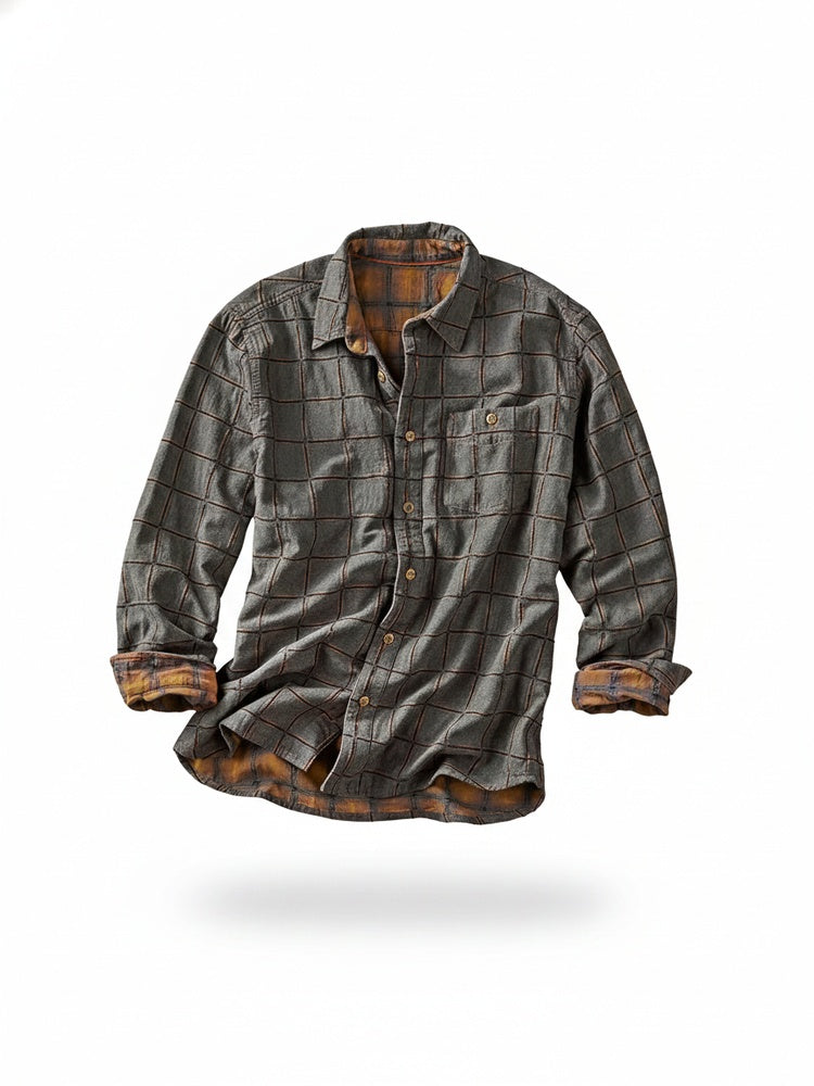 Men's Long-Sleeve Shirt with Checkered Print and Chest Pocket