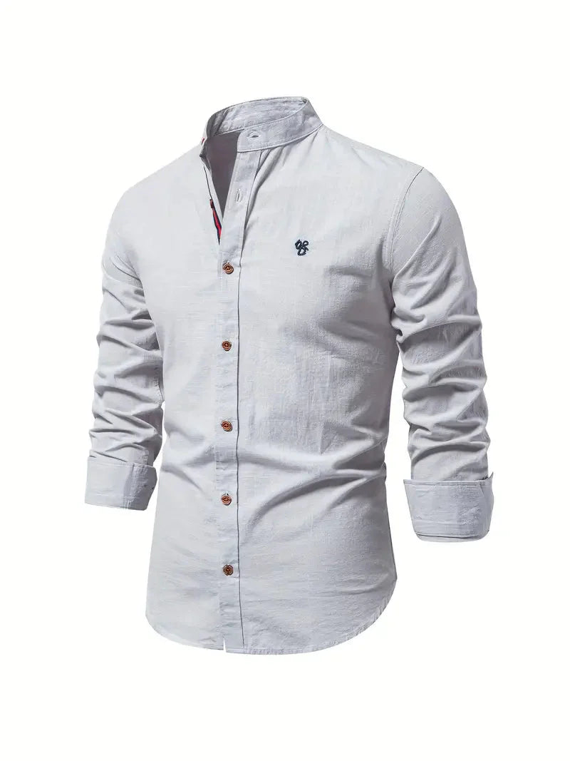 Men's Long-Sleeve Shirt with Stand Collar and Button Closure