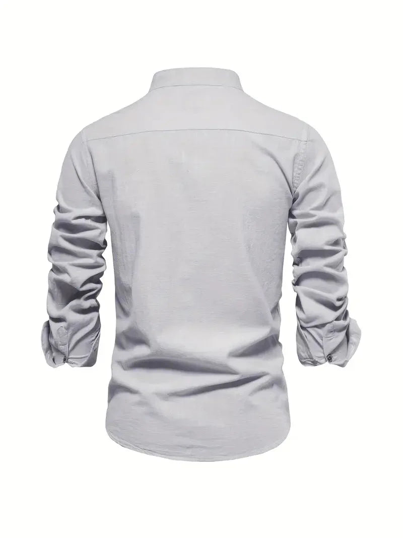 Men's Long-Sleeve Shirt with Stand Collar and Button Closure
