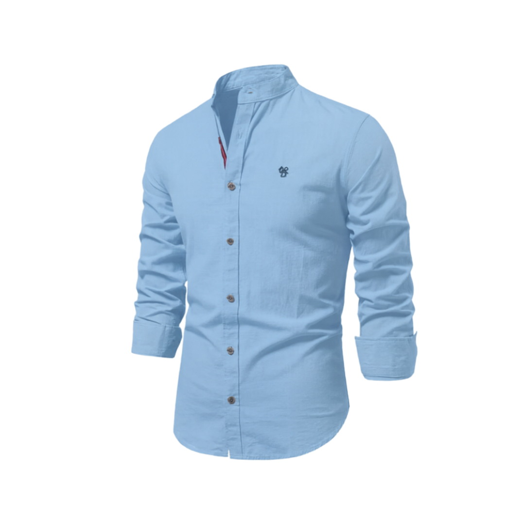 Men's Long-Sleeve Shirt with Stand Collar and Button Closure