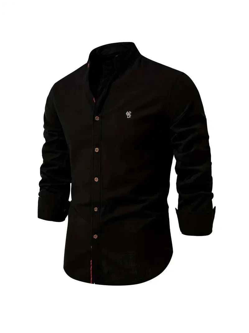 Men's Long-Sleeve Shirt with Stand Collar and Button Closure