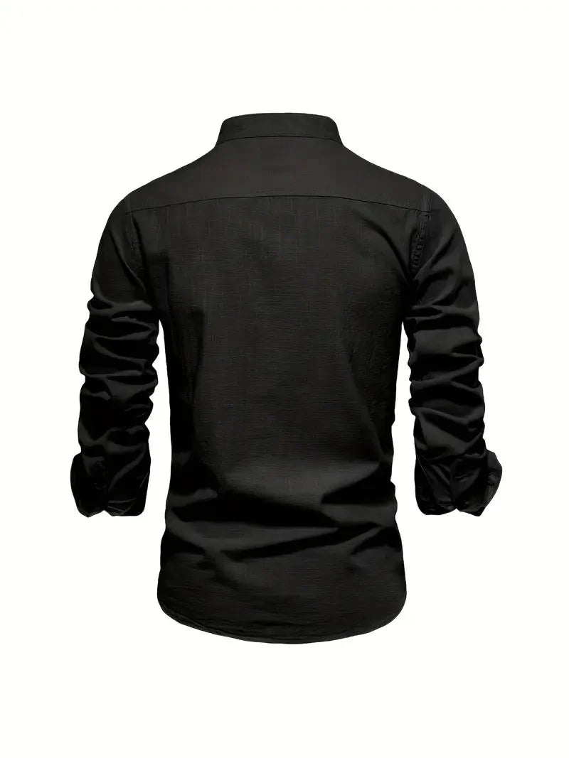 Men's Long-Sleeve Shirt with Stand Collar and Button Closure