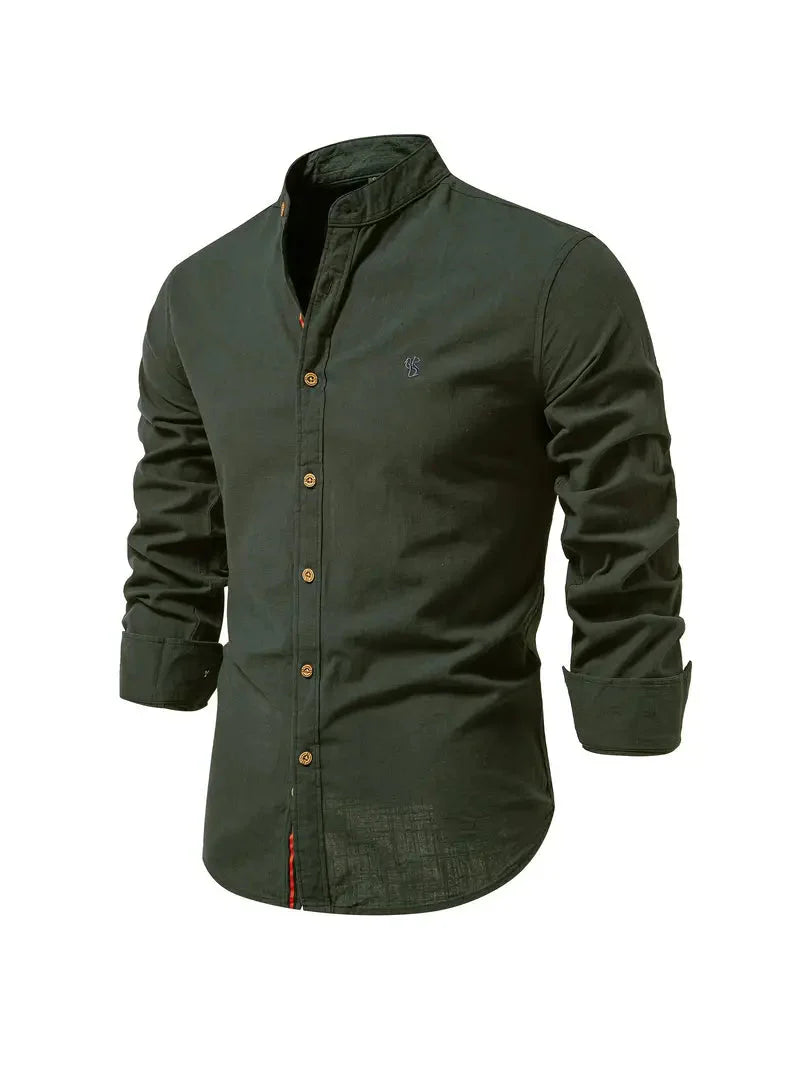 Men's Long-Sleeve Shirt with Stand Collar and Button Closure