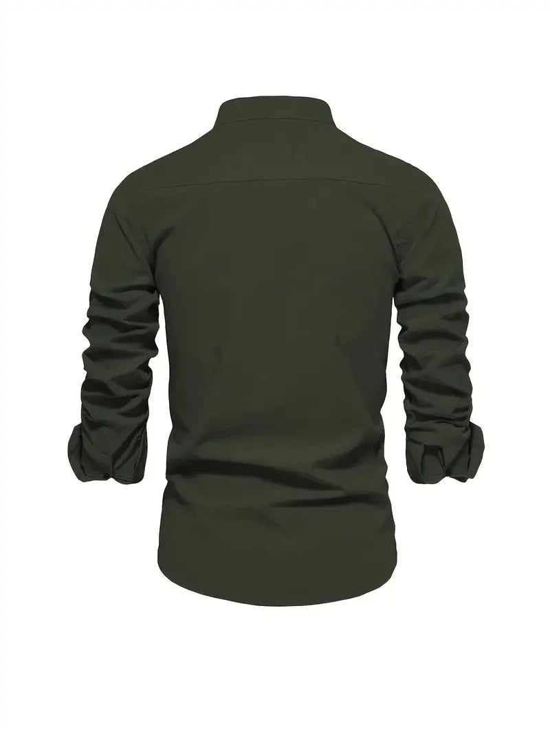 Men's Long-Sleeve Shirt with Stand Collar and Button Closure