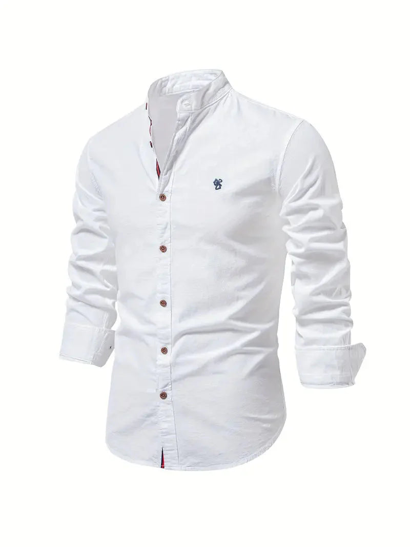 Men's Long-Sleeve Shirt with Stand Collar and Button Closure