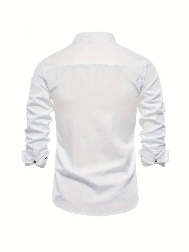Men's Long-Sleeve Shirt with Stand Collar and Button Closure