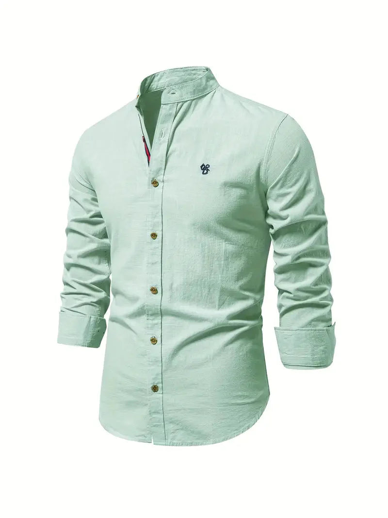 Men's Long-Sleeve Shirt with Stand Collar and Button Closure