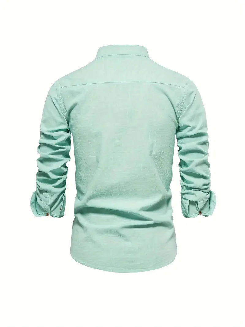 Men's Long-Sleeve Shirt with Stand Collar and Button Closure