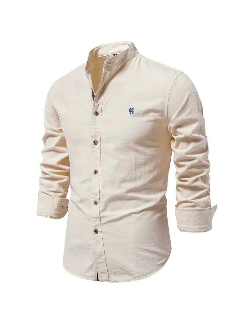Men's Long-Sleeve Shirt with Stand Collar and Button Closure