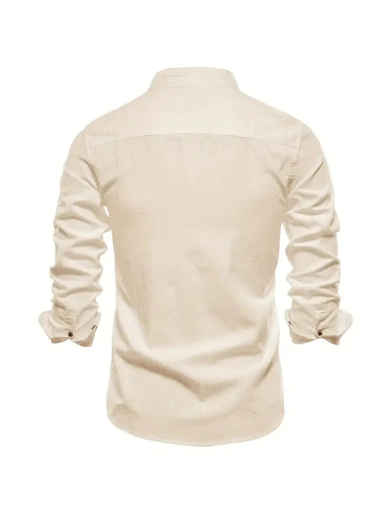 Men's Long-Sleeve Shirt with Stand Collar and Button Closure