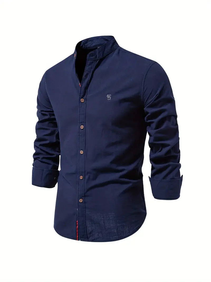 Men's Long-Sleeve Shirt with Stand Collar and Button Closure