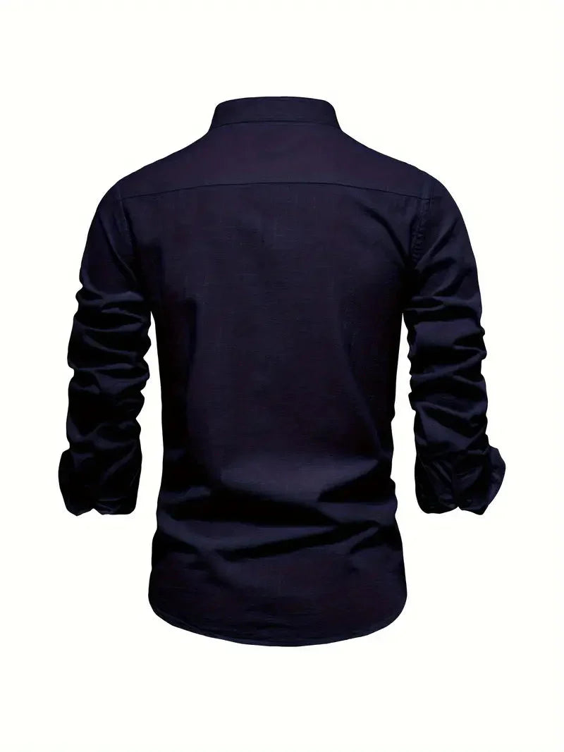 Men's Long-Sleeve Shirt with Stand Collar and Button Closure