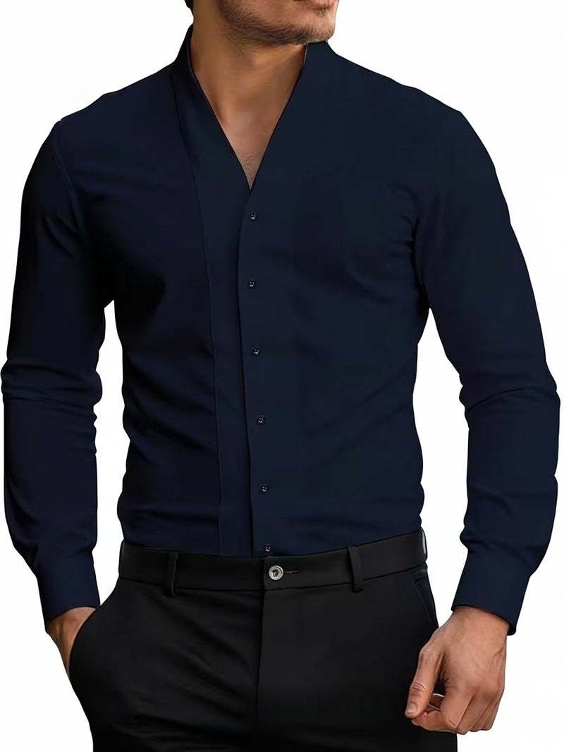 Men's Long-Sleeve Slim Fit Shirt with V-Neck and Button Closure