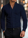 Men's Long-Sleeve Slim Fit Shirt with V-Neck and Button Closure