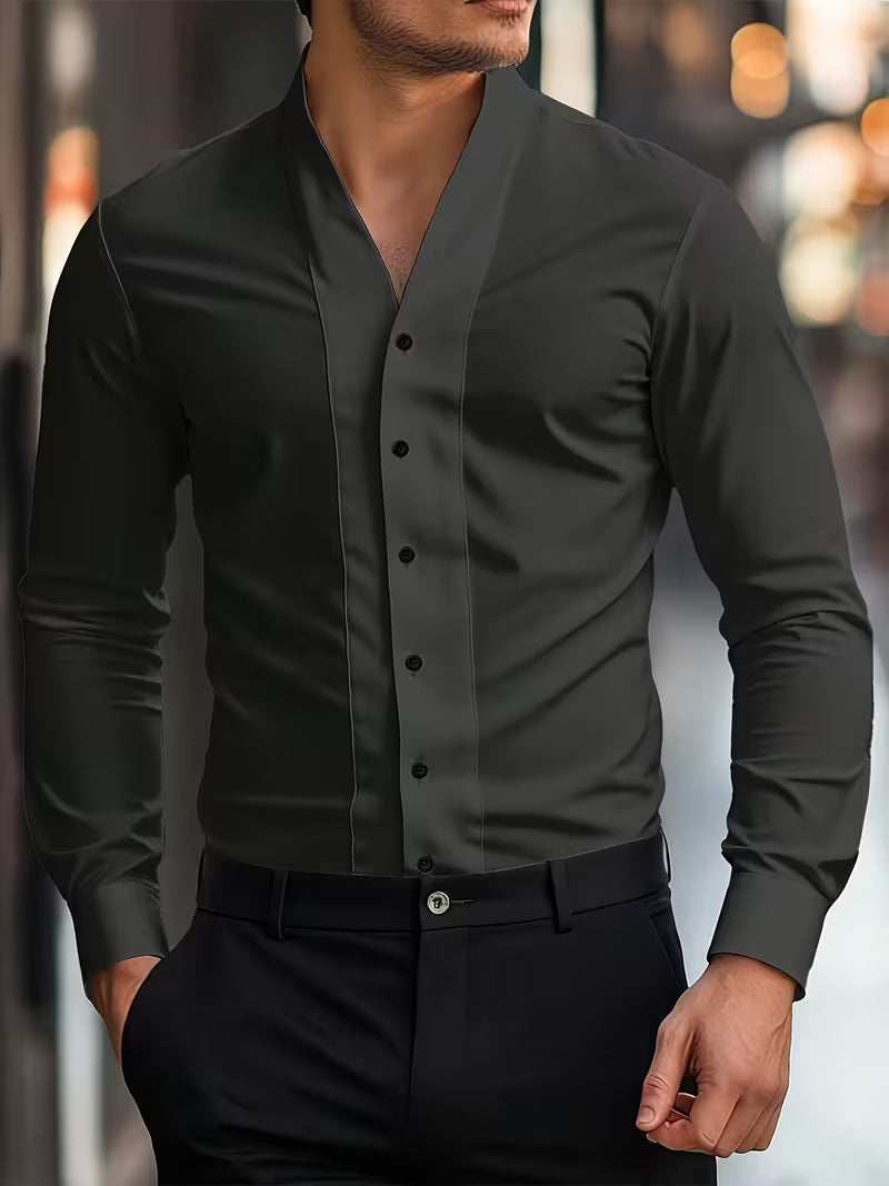 Men's Long-Sleeve Slim Fit Shirt with V-Neck and Button Closure