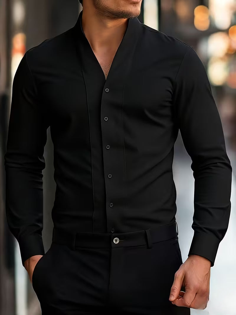 Men's Long-Sleeve Slim Fit Shirt with V-Neck and Button Closure
