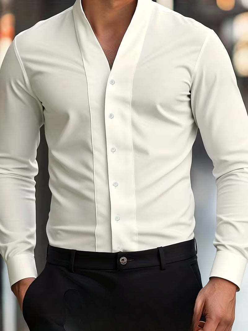 Men's Long-Sleeve Slim Fit Shirt with V-Neck and Button Closure