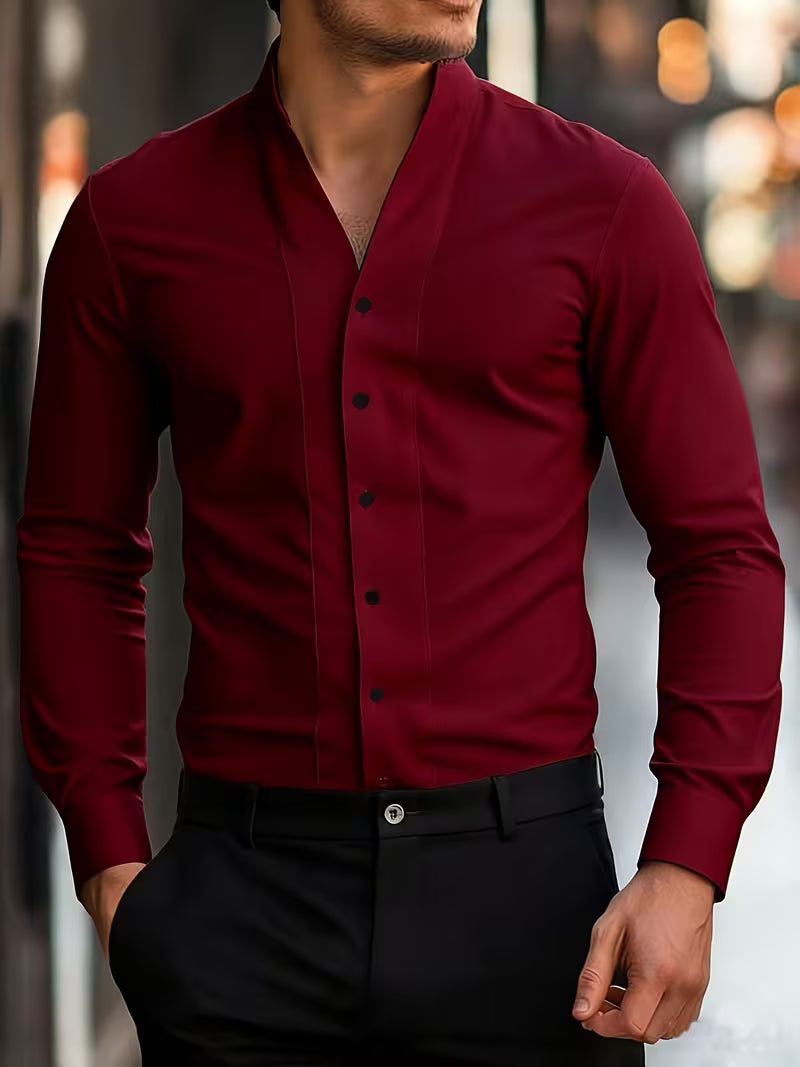 Men's Long-Sleeve Slim Fit Shirt with V-Neck and Button Closure