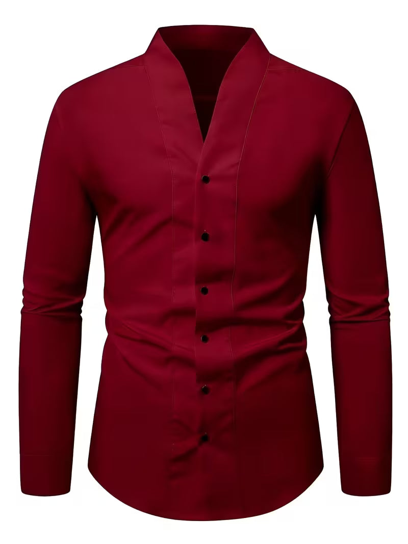 Men's Long-Sleeve Slim Fit Shirt with V-Neck and Button Closure