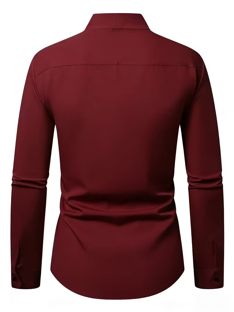 Men's Long-Sleeve Slim Fit Shirt with V-Neck and Button Closure