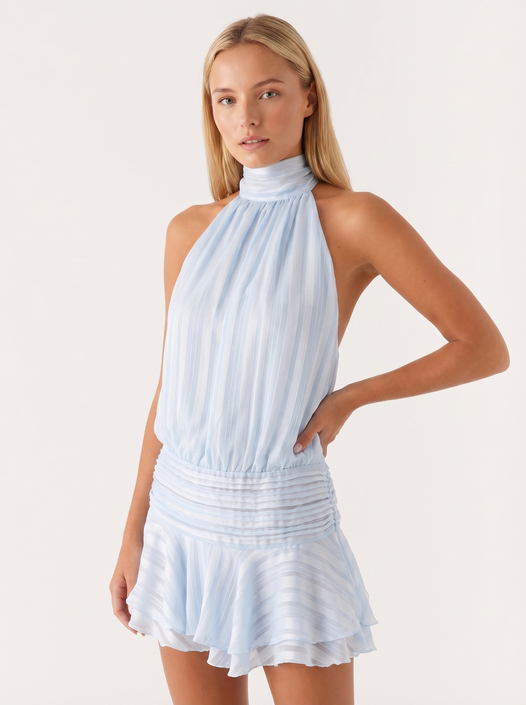 Isadora Women’s Halter Mini Dress | High Neck | Pleated Skirt with Ruffle | Open Back with Tie Detail
