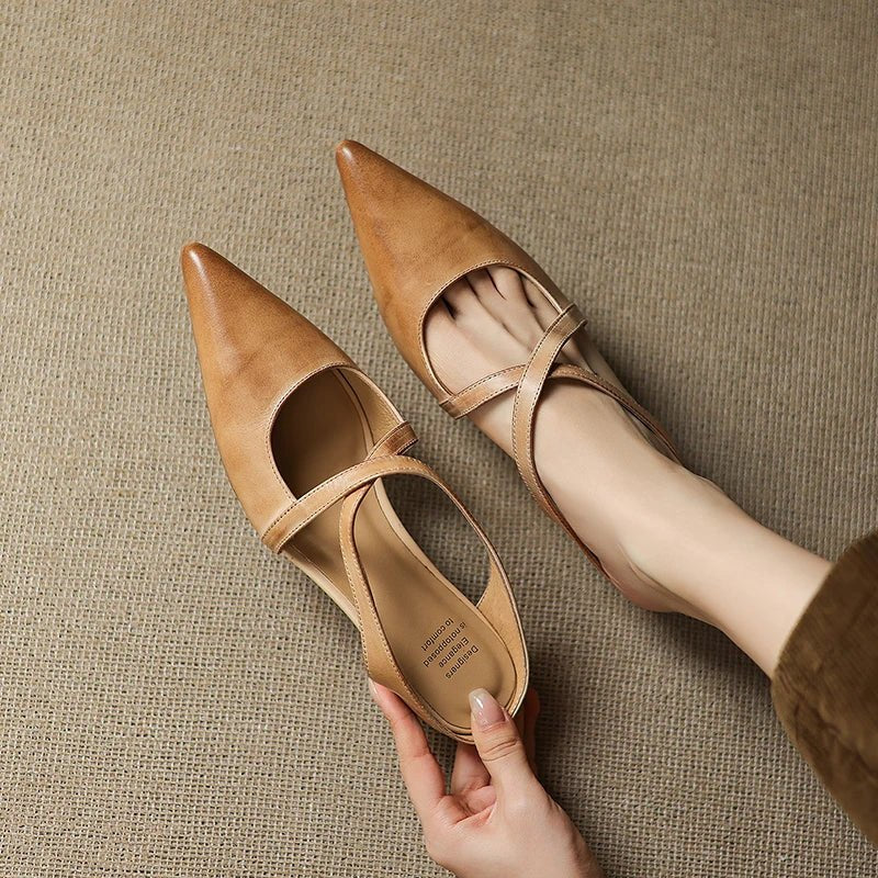 Women's Leather Mules Cross-Strap Pointed Toe Low Heel Slip-On Shoes