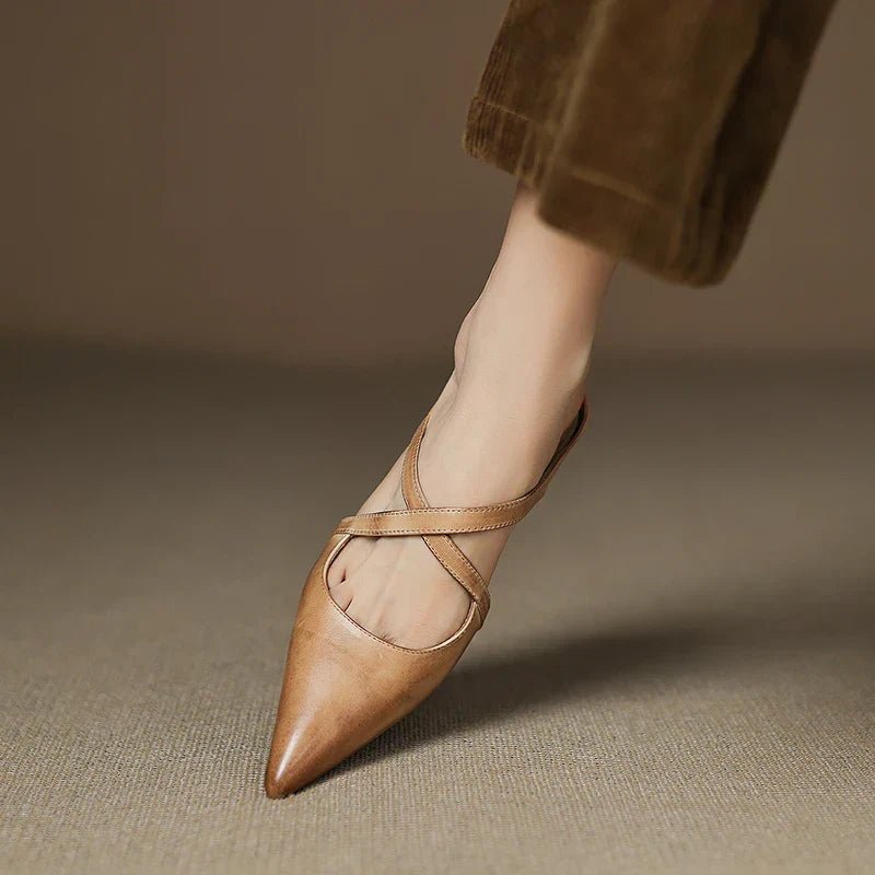 Women's Leather Mules Cross-Strap Pointed Toe Low Heel Slip-On Shoes