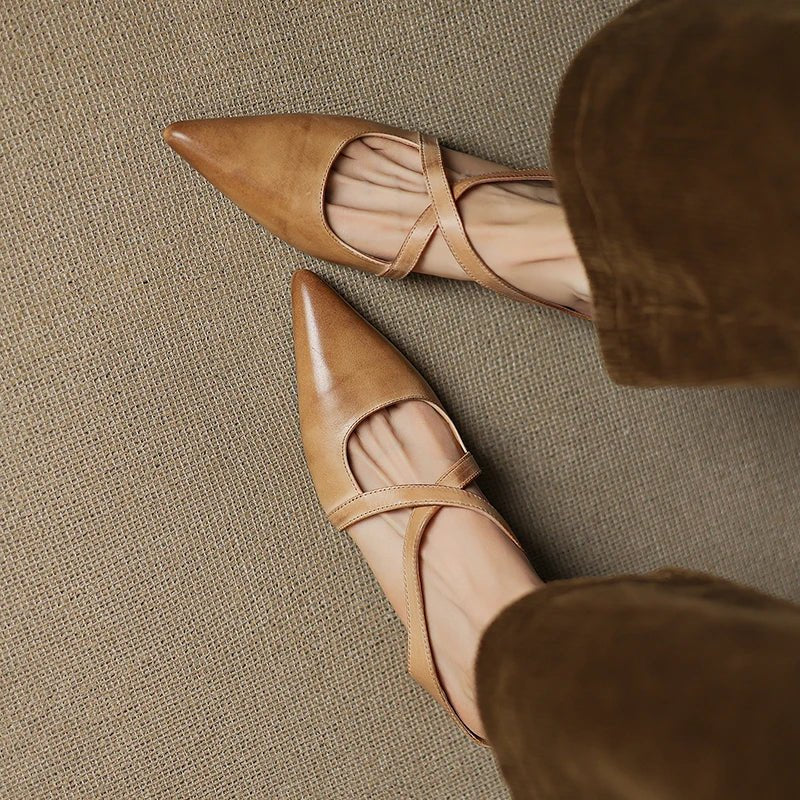 Women's Leather Mules Cross-Strap Pointed Toe Low Heel Slip-On Shoes