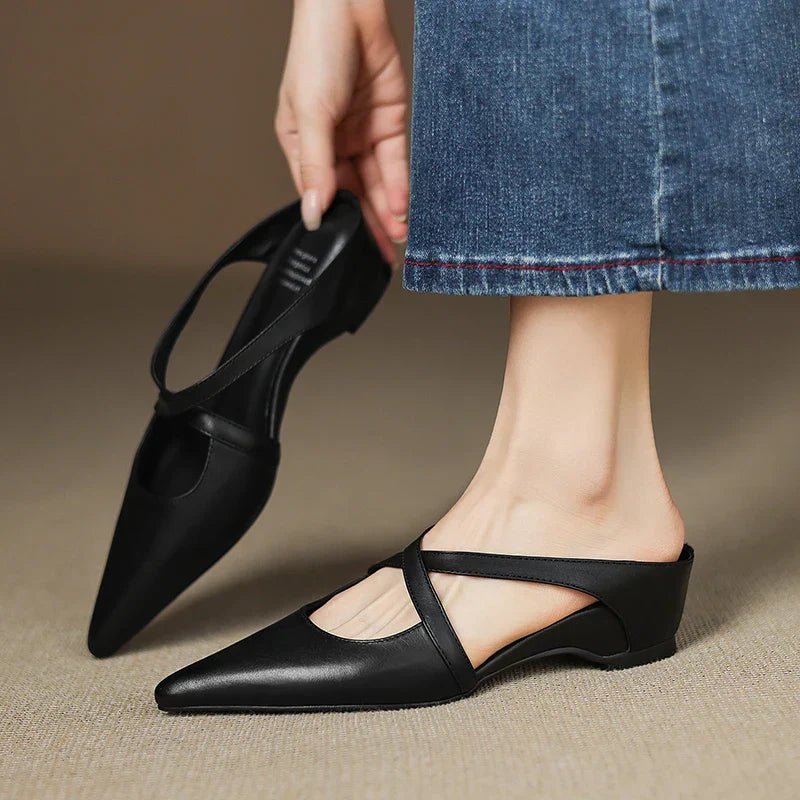 Women's Leather Mules Cross-Strap Pointed Toe Low Heel Slip-On Shoes