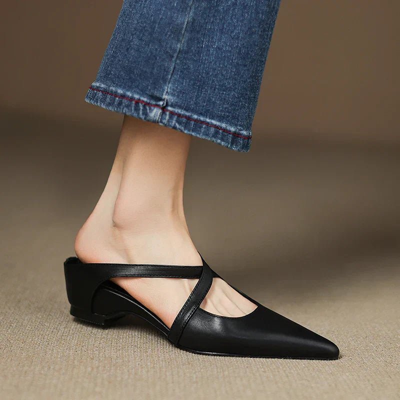 Women's Leather Mules Cross-Strap Pointed Toe Low Heel Slip-On Shoes