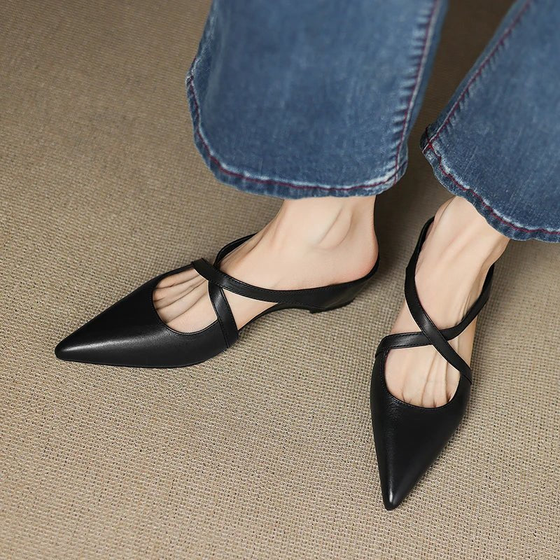 Women's Leather Mules Cross-Strap Pointed Toe Low Heel Slip-On Shoes