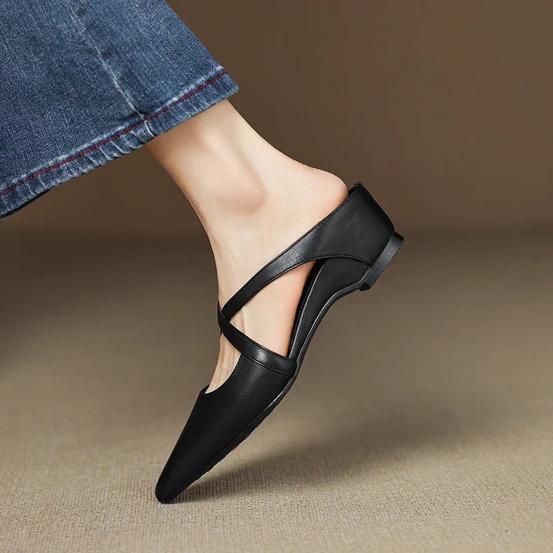 Women's Leather Mules Cross-Strap Pointed Toe Low Heel Slip-On Shoes