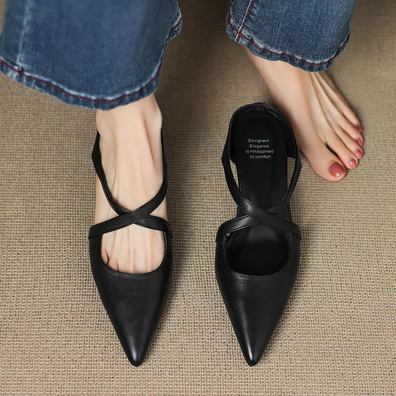 Women's Leather Mules Cross-Strap Pointed Toe Low Heel Slip-On Shoes
