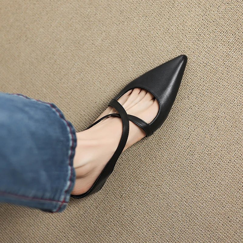 Women's Leather Mules Cross-Strap Pointed Toe Low Heel Slip-On Shoes