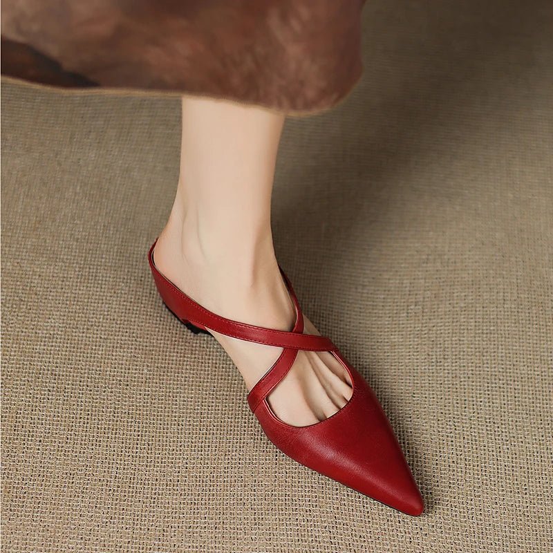 Women's Leather Mules Cross-Strap Pointed Toe Low Heel Slip-On Shoes