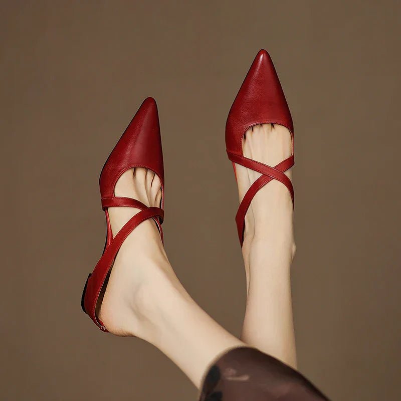 Women's Leather Mules Cross-Strap Pointed Toe Low Heel Slip-On Shoes