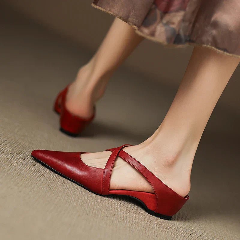 Women's Leather Mules Cross-Strap Pointed Toe Low Heel Slip-On Shoes