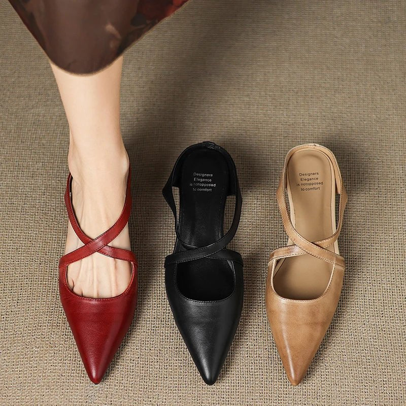 Women's Leather Mules Cross-Strap Pointed Toe Low Heel Slip-On Shoes