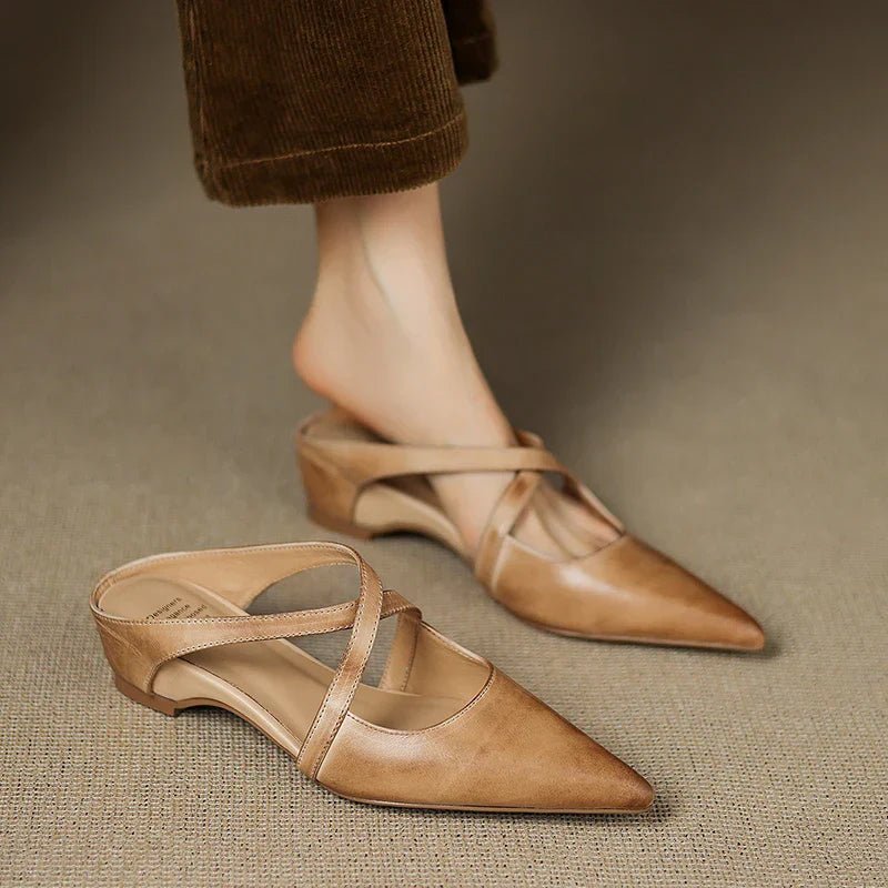 Women's Leather Mules Cross-Strap Pointed Toe Low Heel Slip-On Shoes