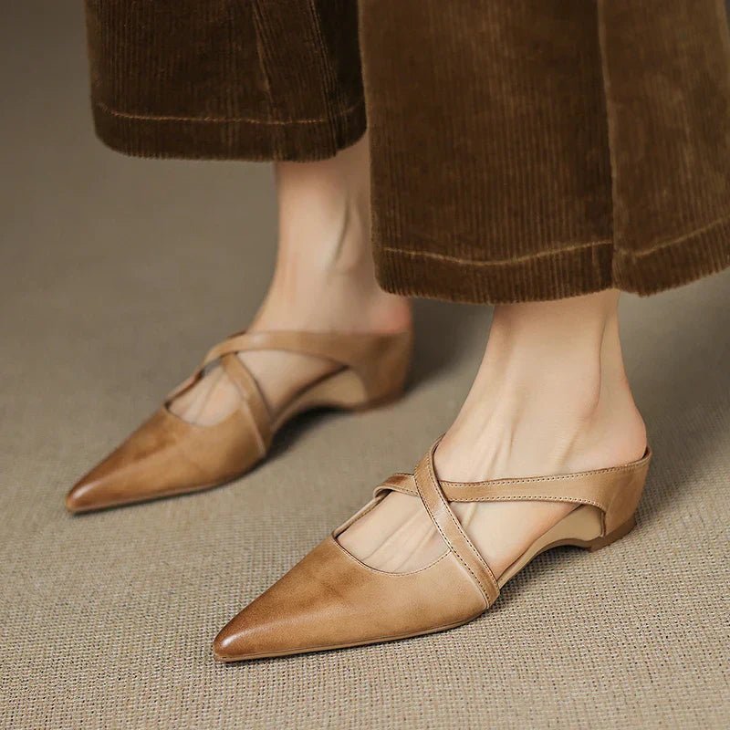 Women's Leather Mules Cross-Strap Pointed Toe Low Heel Slip-On Shoes