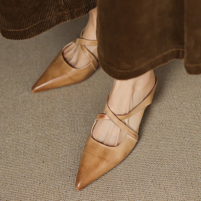 Women's Leather Mules Cross-Strap Pointed Toe Low Heel Slip-On Shoes