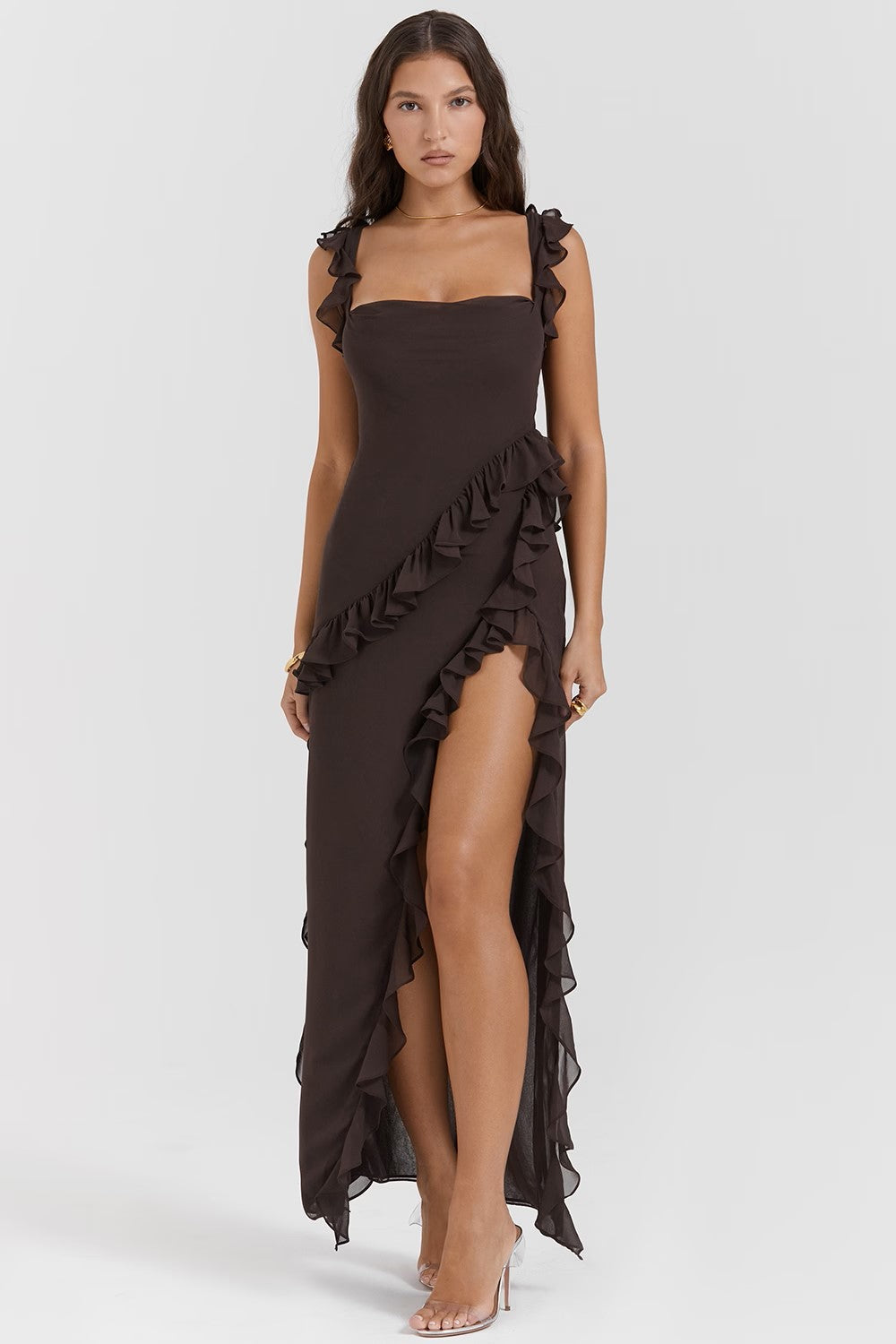 Soho | Square Neck Thigh-High Slit Ruffle Side Maxi Dress