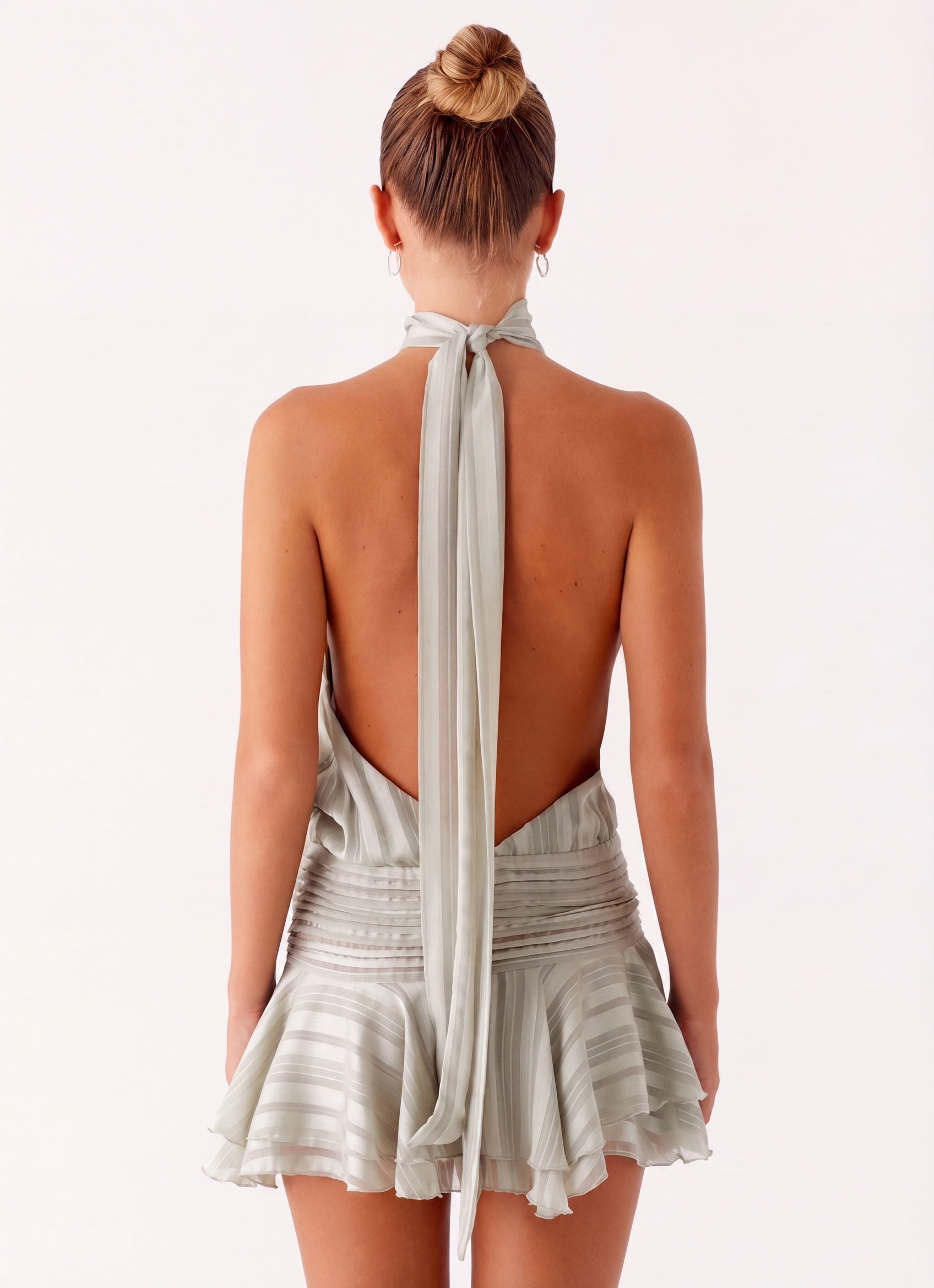 Isadora Women’s Halter Mini Dress | High Neck | Pleated Skirt with Ruffle | Open Back with Tie Detail