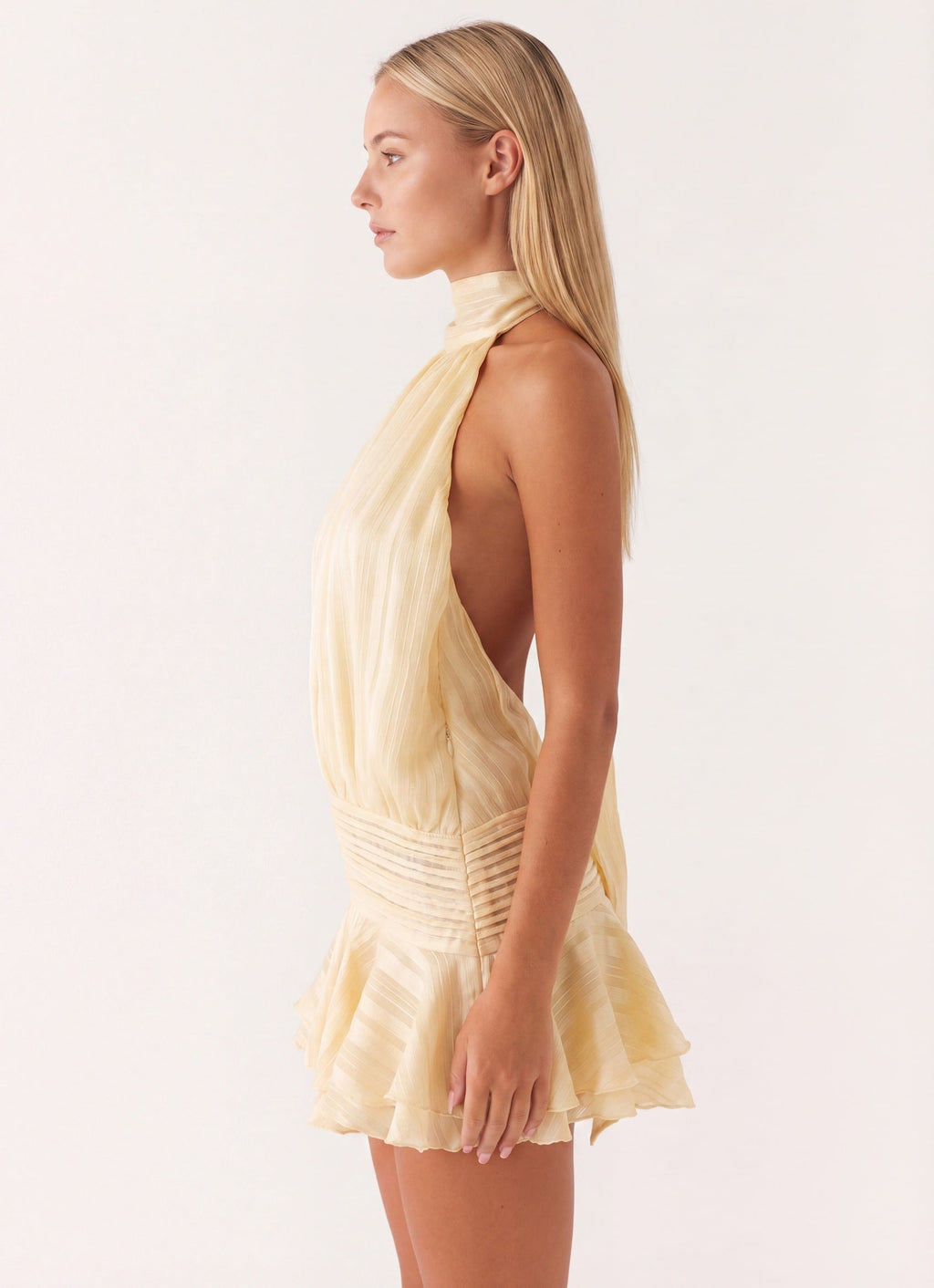 Isadora Women’s Halter Mini Dress | High Neck | Pleated Skirt with Ruffle | Open Back with Tie Detail