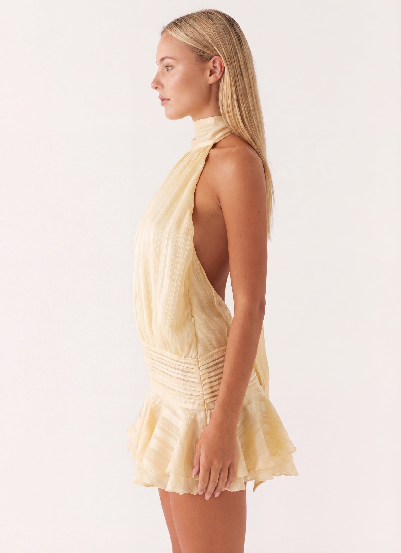 Isadora Women’s Halter Mini Dress | High Neck | Pleated Skirt with Ruffle | Open Back with Tie Detail
