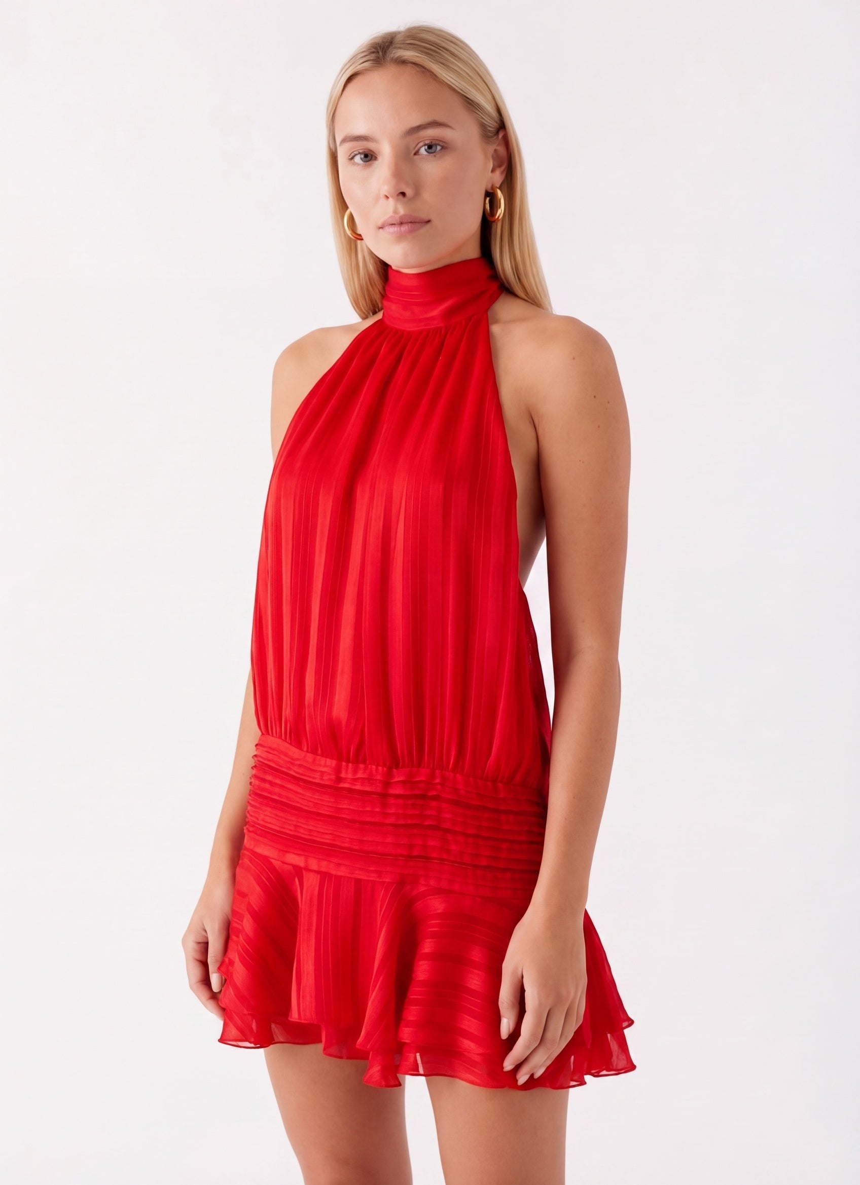 Isadora Women’s Halter Mini Dress | High Neck | Pleated Skirt with Ruffle | Open Back with Tie Detail