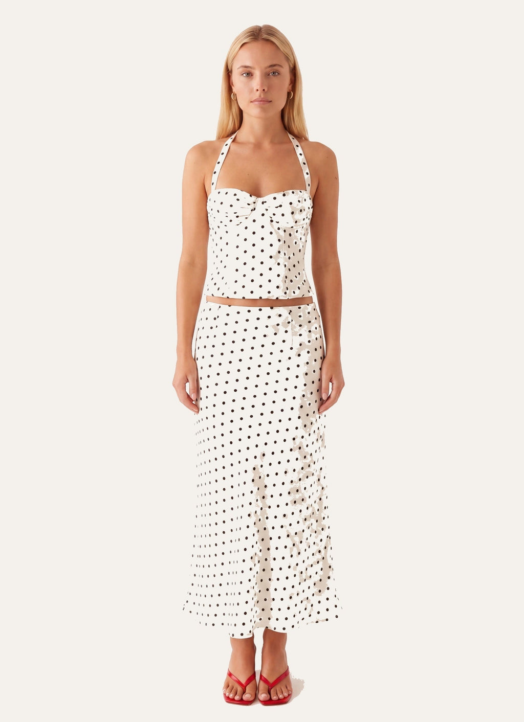 Women’s Halter Corset-Style Top | Polka Dot Print | Ruched Bustier with Neck Tie Detail